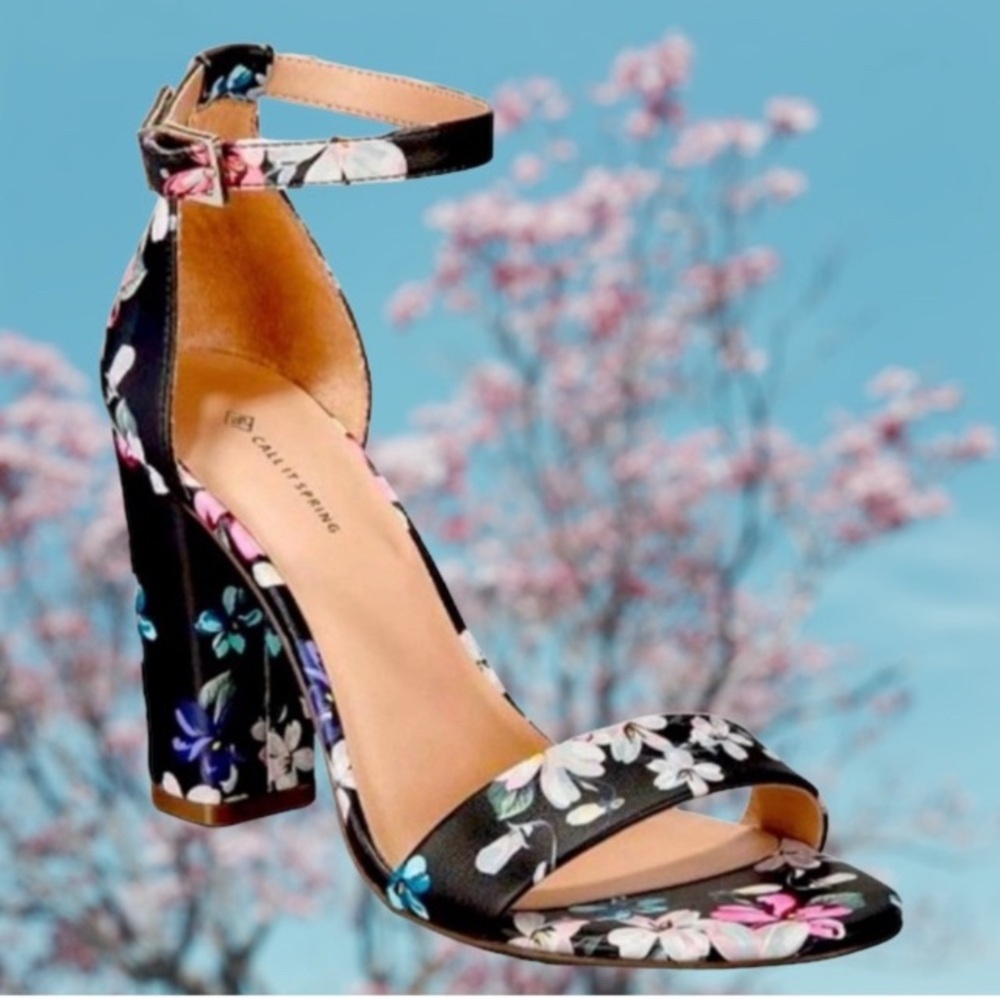 CALL IT SPRING Floral Strappy Block Heels - W7